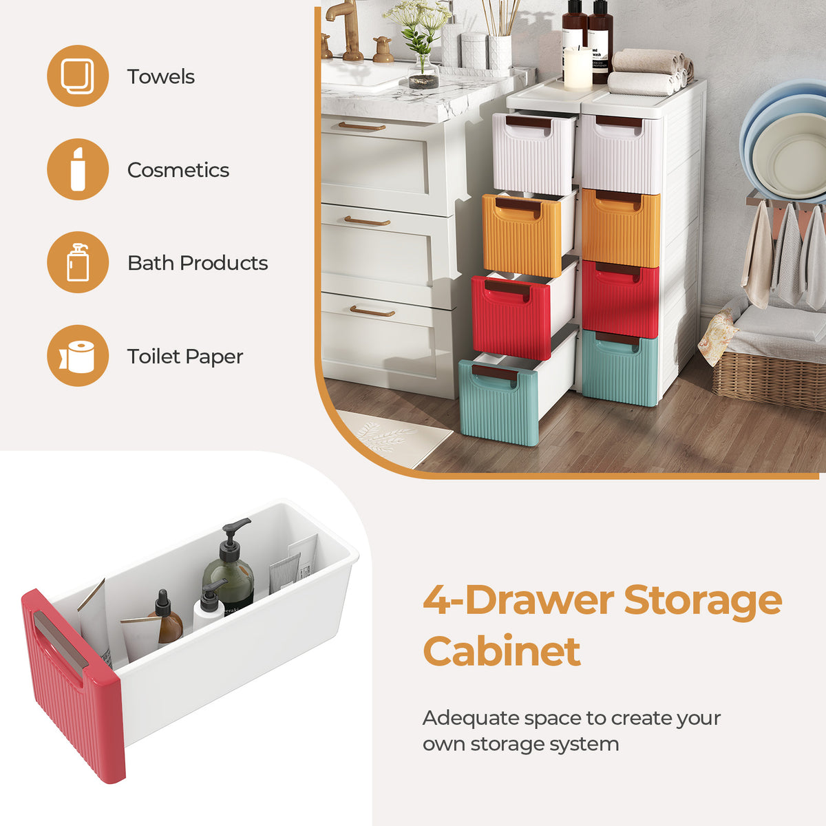 3/4/5/6-Drawer Rolling Organizer Unit Narrow Storage Cabinet with Built-In Wheels for Small Space-3
