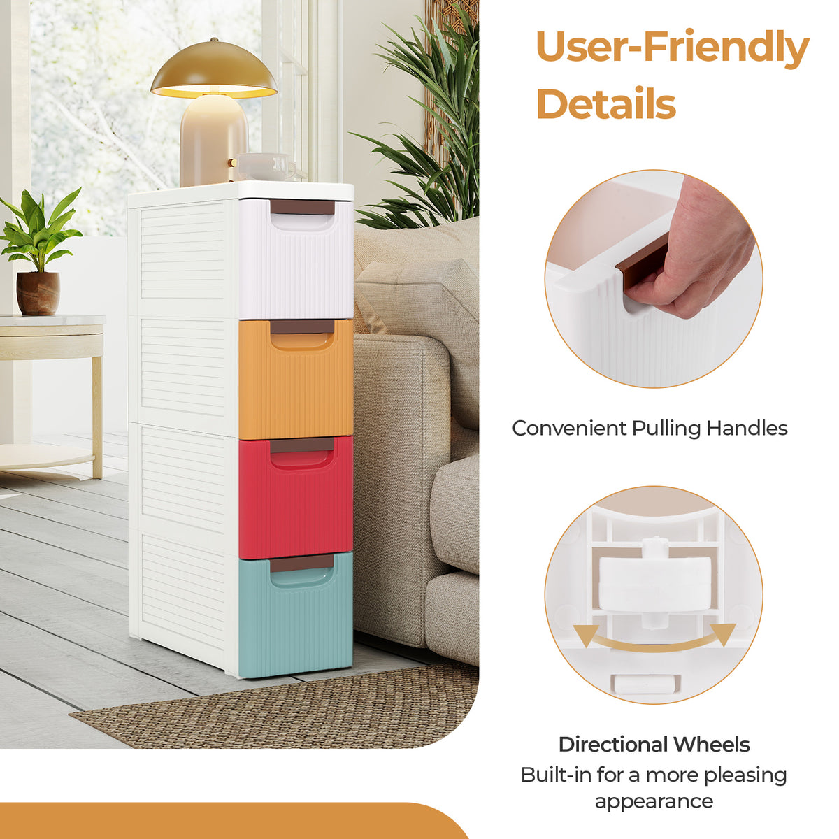 3/4/5/6-Drawer Rolling Organizer Unit Narrow Storage Cabinet with Built-In Wheels for Small Space-3