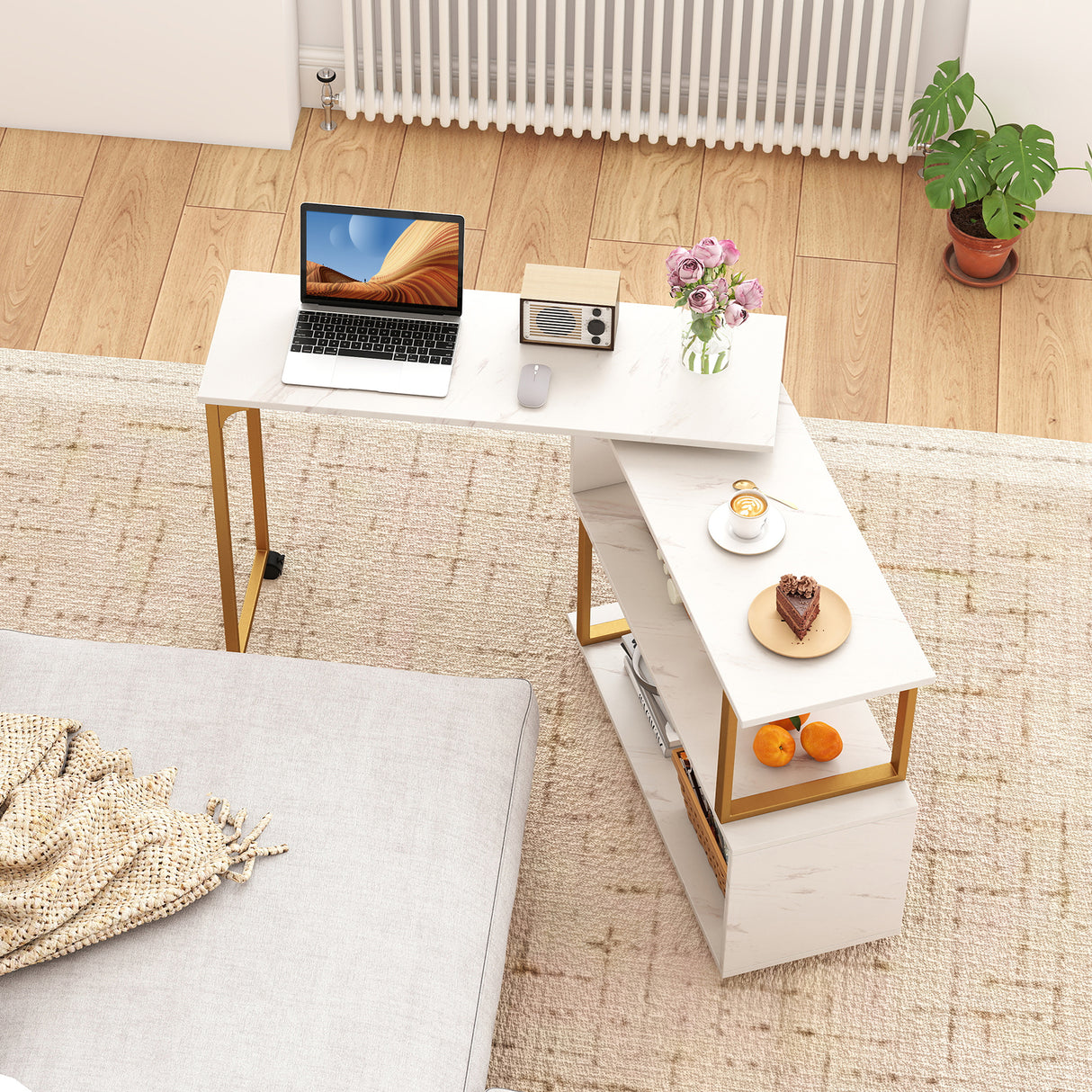 360Â° Rotating Sofa Side Table with Storage Bookcase and Hooks for Living Room-White