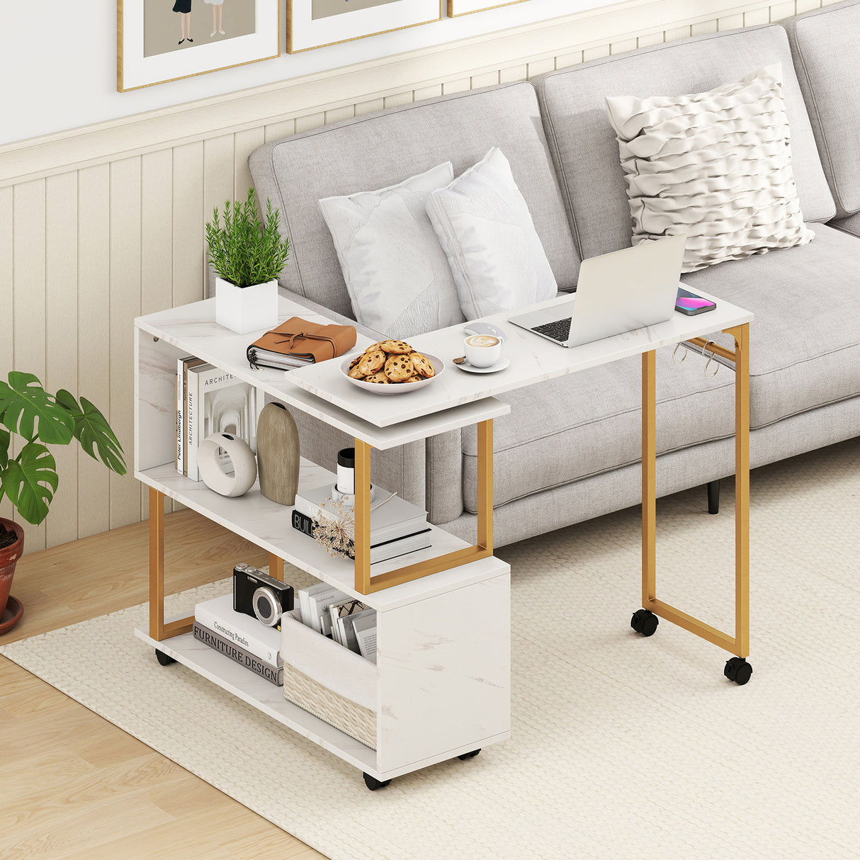 360Â° Rotating Sofa Side Table with Storage Bookcase and Hooks for Living Room-White