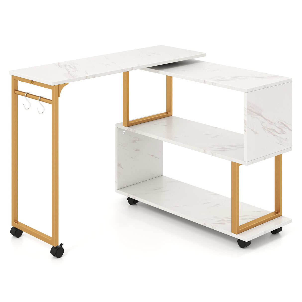 360Â° Rotating Sofa Side Table with Storage Bookcase and Hooks for Living Room-White