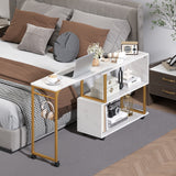 360Â° Rotating Sofa Side Table with Storage Bookcase and Hooks for Living Room-White