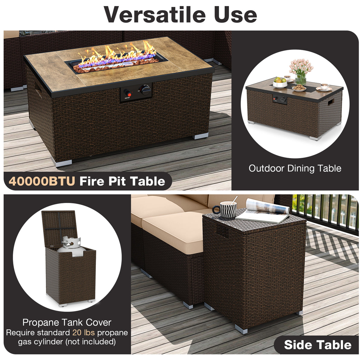 Outdoor PE Rattan Conversation Set with 32â Propane Fire Pit Table and Tank Holder