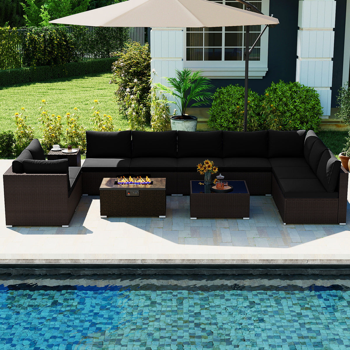 Outdoor PE Rattan Conversation Set with 32â Propane Fire Pit Table and Tank Holder
