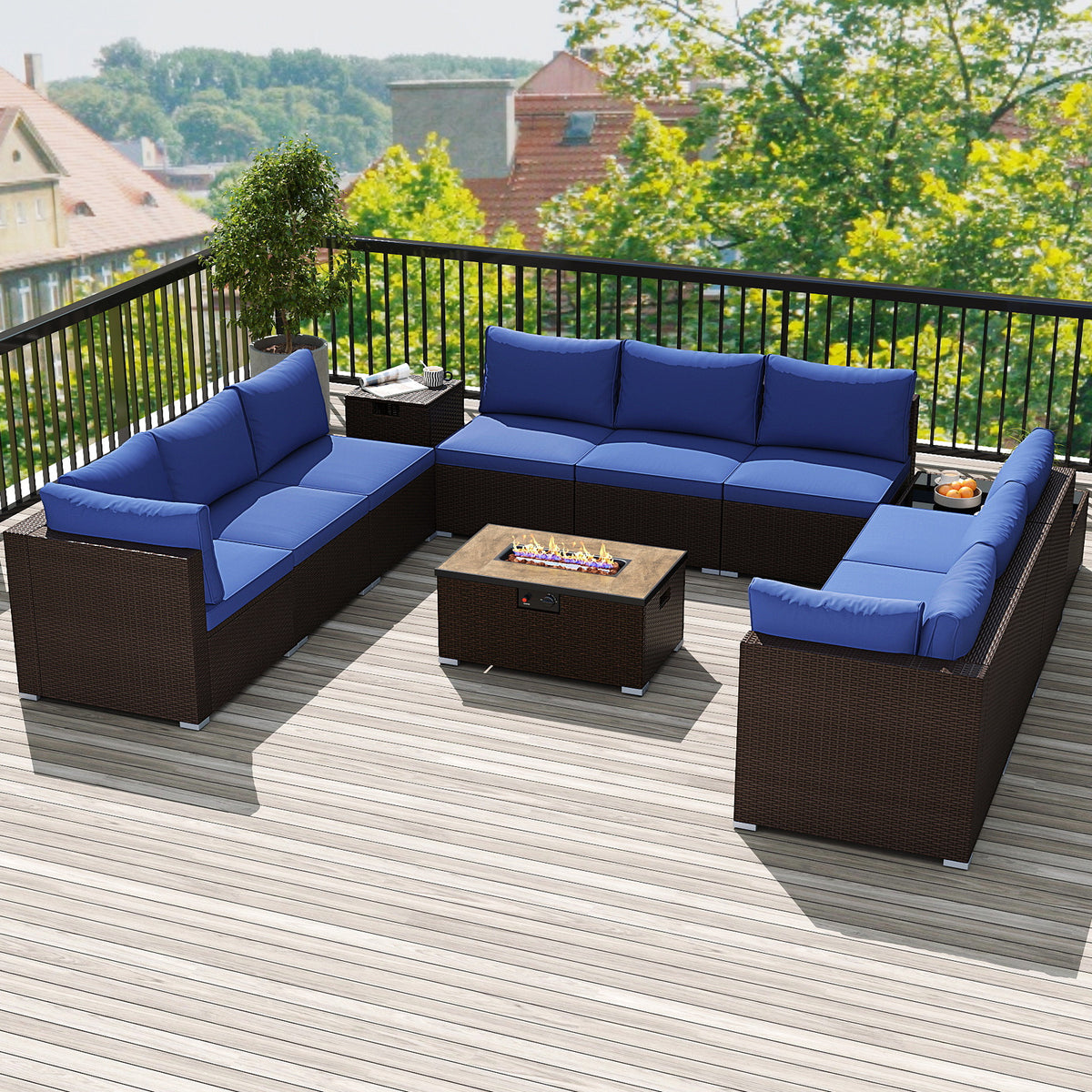 Outdoor PE Rattan Conversation Set with 32â Propane Fire Pit Table and Tank Holder