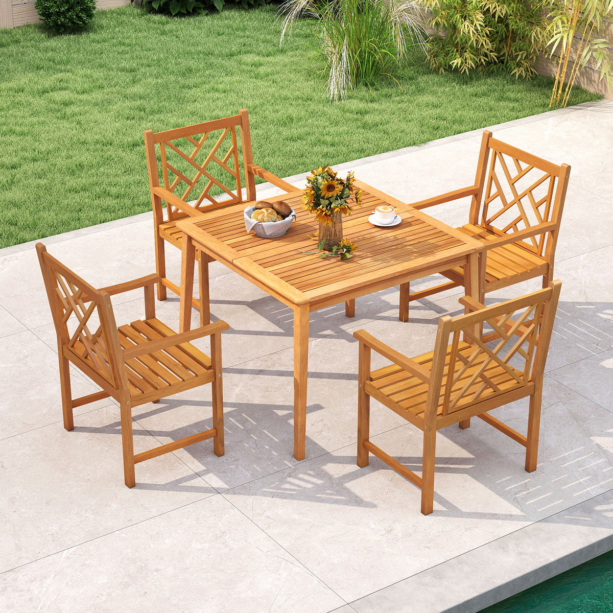 5-Pieces Patio Dining Table Set Wood Square Dining Table with 4 Chairs and Slatted Tabletop