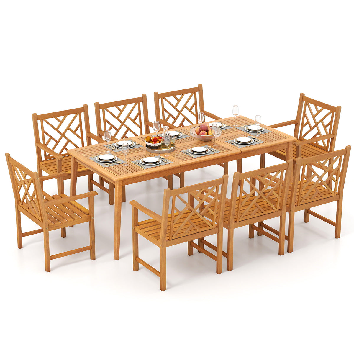 9-Pieces Patio Dining Table Set Wood Rectangular Dining Table with 8 Chairs and Slatted Tabletop