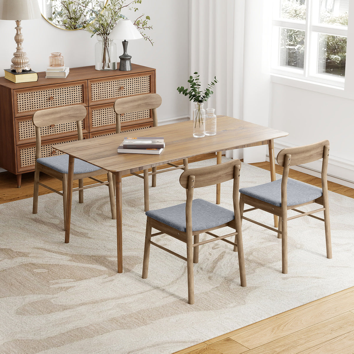 Fabric Upholstered Kitchen Armless Dining Chairs with Rubber Wood Frame Set of 4-Oak
