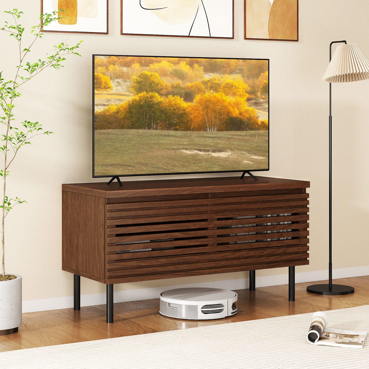 Mid Century Fluted TV Stand for 40" TV with 2 Hidden Compartments and Metal Legs-Walnut