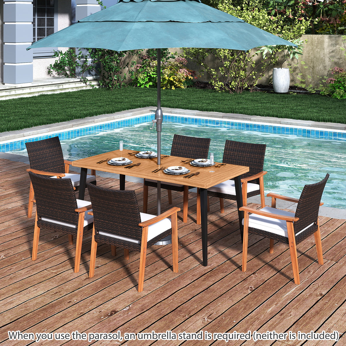 7-Pieces Patio Dining Table Set Acacia Wood Table and 6 Armchairs