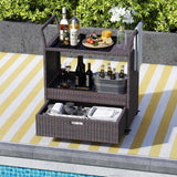 Outdoor Wicker Bar Cart Table with Tempered Glass Top