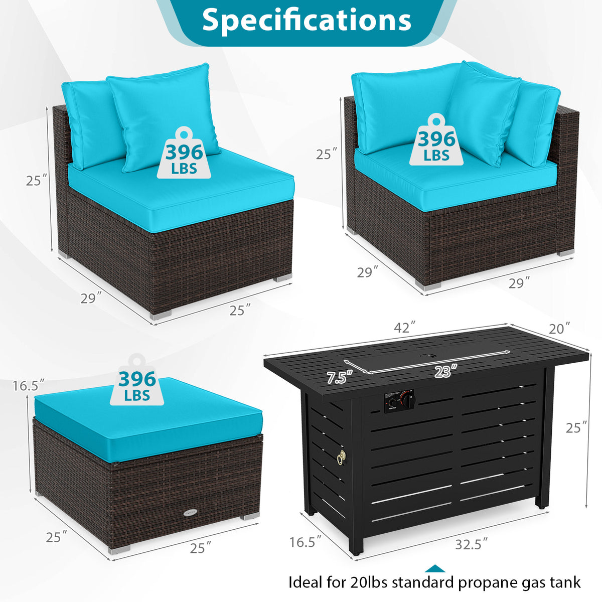 Heavy-duty Frame Rattan Sofa Set with 60000 BTU Firepit Table