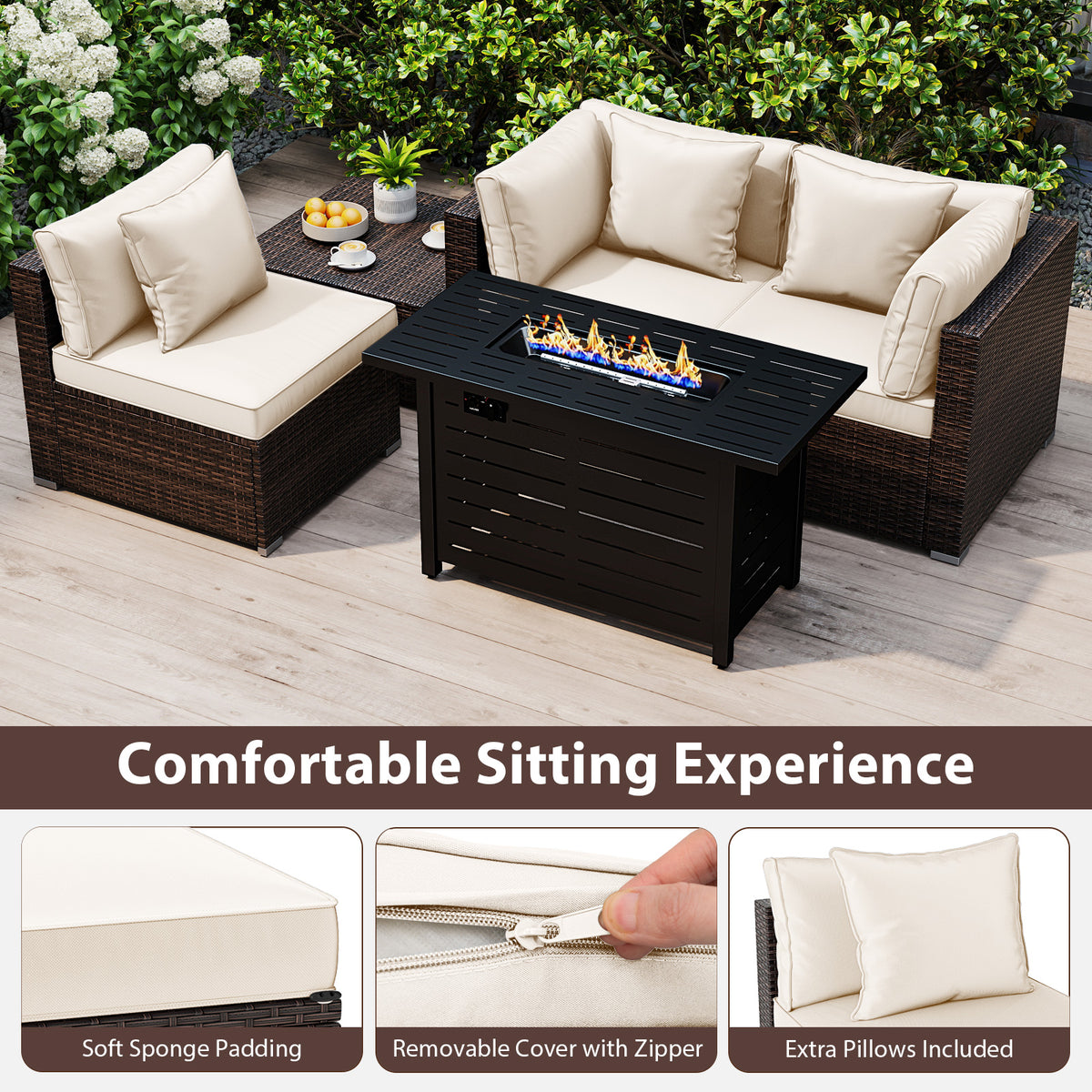 Heavy-duty Frame Rattan Sofa Set with 60000 BTU Firepit Table