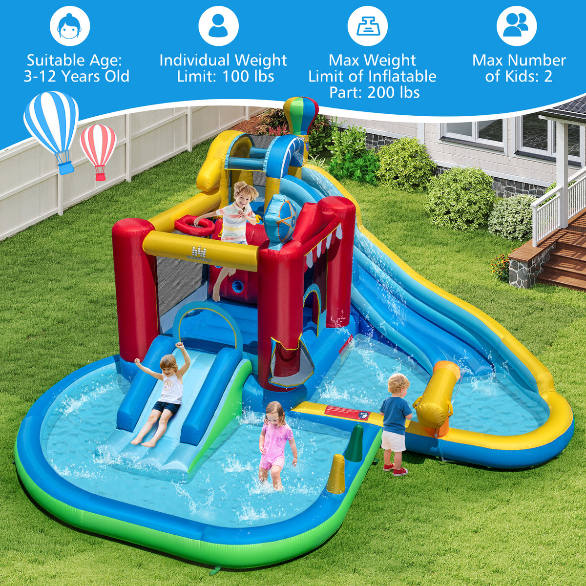Inflatable Water Park with Splash Pool  50 Ocean Balls and 750W Blower