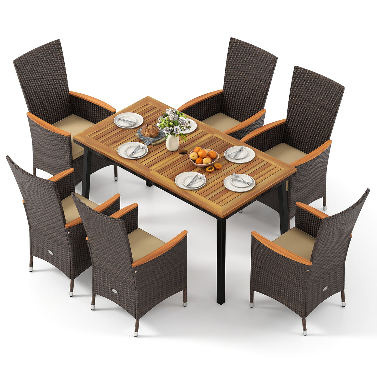 Outdoor Dining Set for 6 Patio Wicker Armchairs and Acacia Wood Table