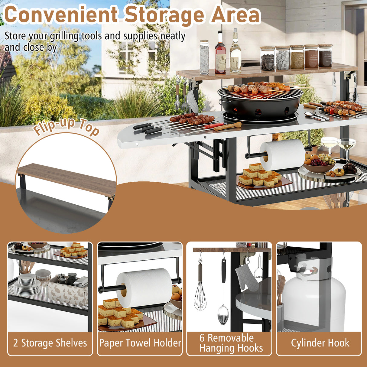 Outdoor Foldable Grill Table with Flip-Up Top and 2 Storage Shelves for Backyard Garden