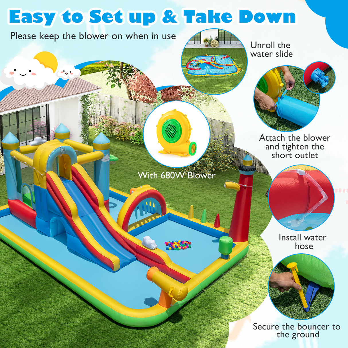 Inflatable Water Slide with Jumping Area and Climbing Wall(with 680W Blower)