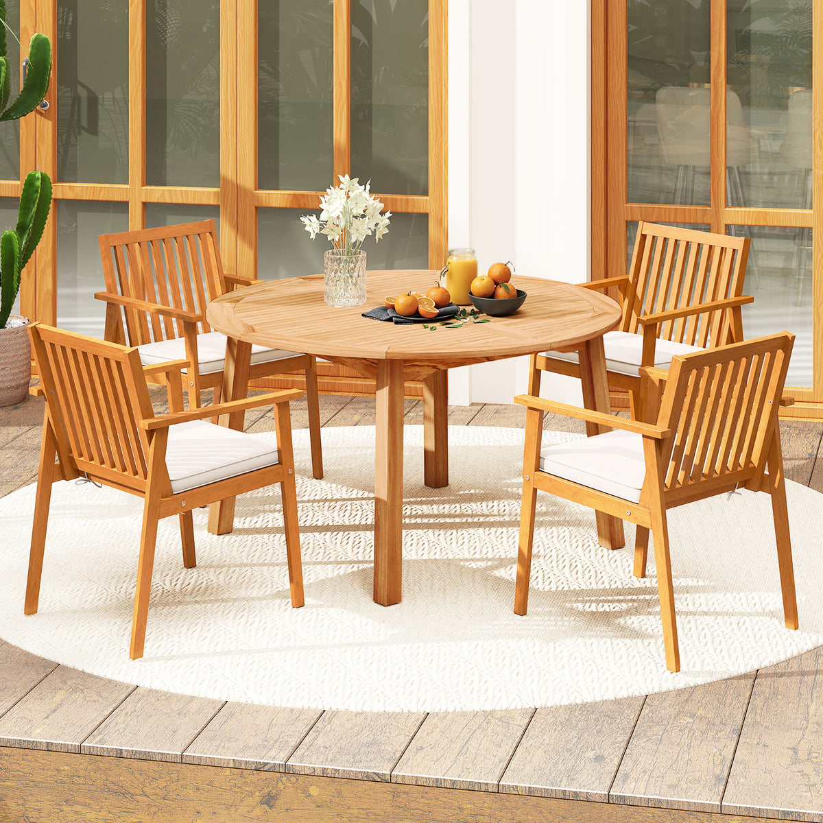 5 Pieces Acacia Wood Patio Dining Set with Umbrella Hole