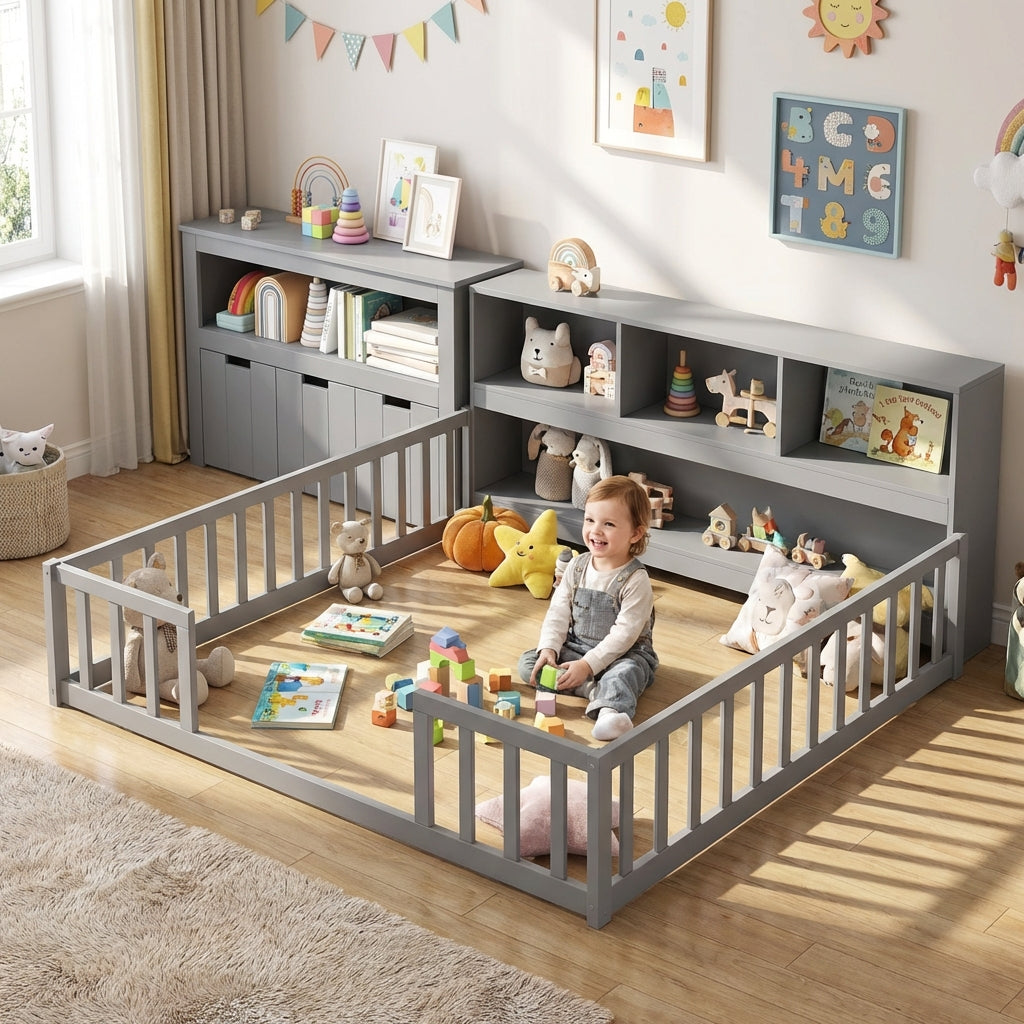 Montessori Twin Floor Bed and Kids Toy Storage Cabinet Bundle