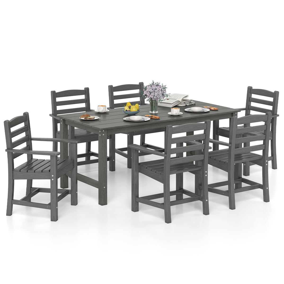 7 Pieces Outdoor Dining Table Set for 6 People 67 Inch HDPE Patio Rectangle Table and 6 Armchairs