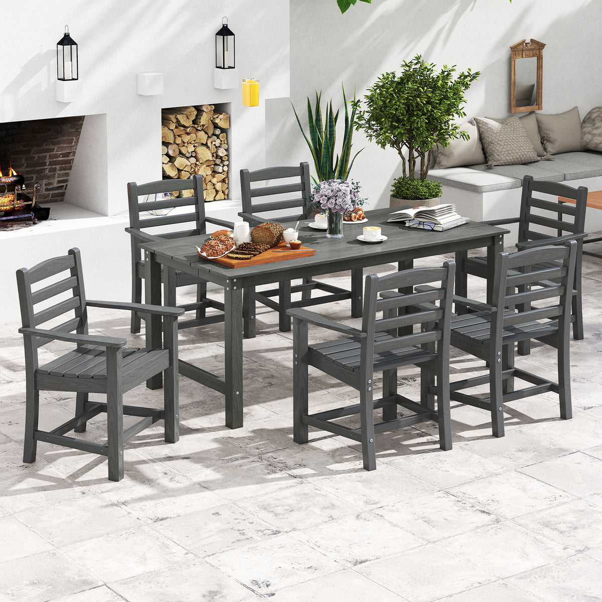 7 Pieces Outdoor Dining Table Set for 6 People 67 Inch HDPE Patio Rectangle Table and 6 Armchairs