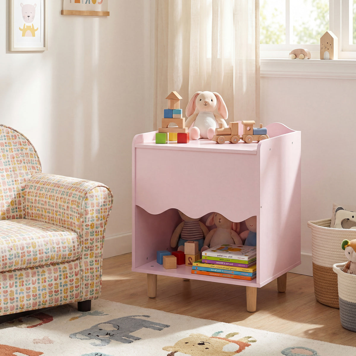 Toddler Scalloped Side Table with Wide Top & Open Compartment