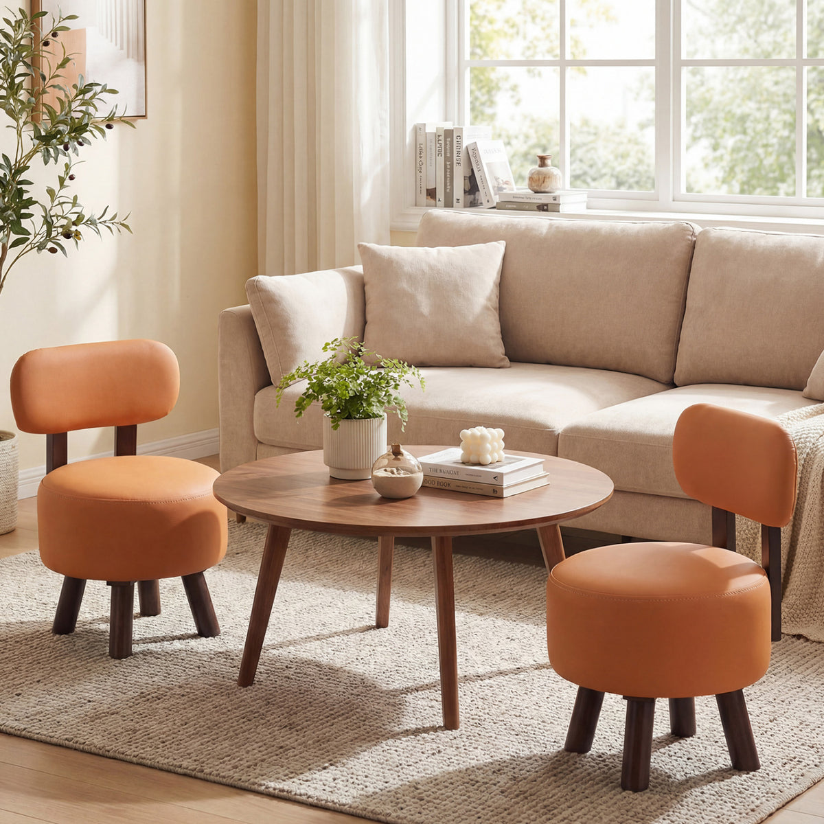 Small Footrest Stools Set of 2 Round Ottoman with Backrest-Orange