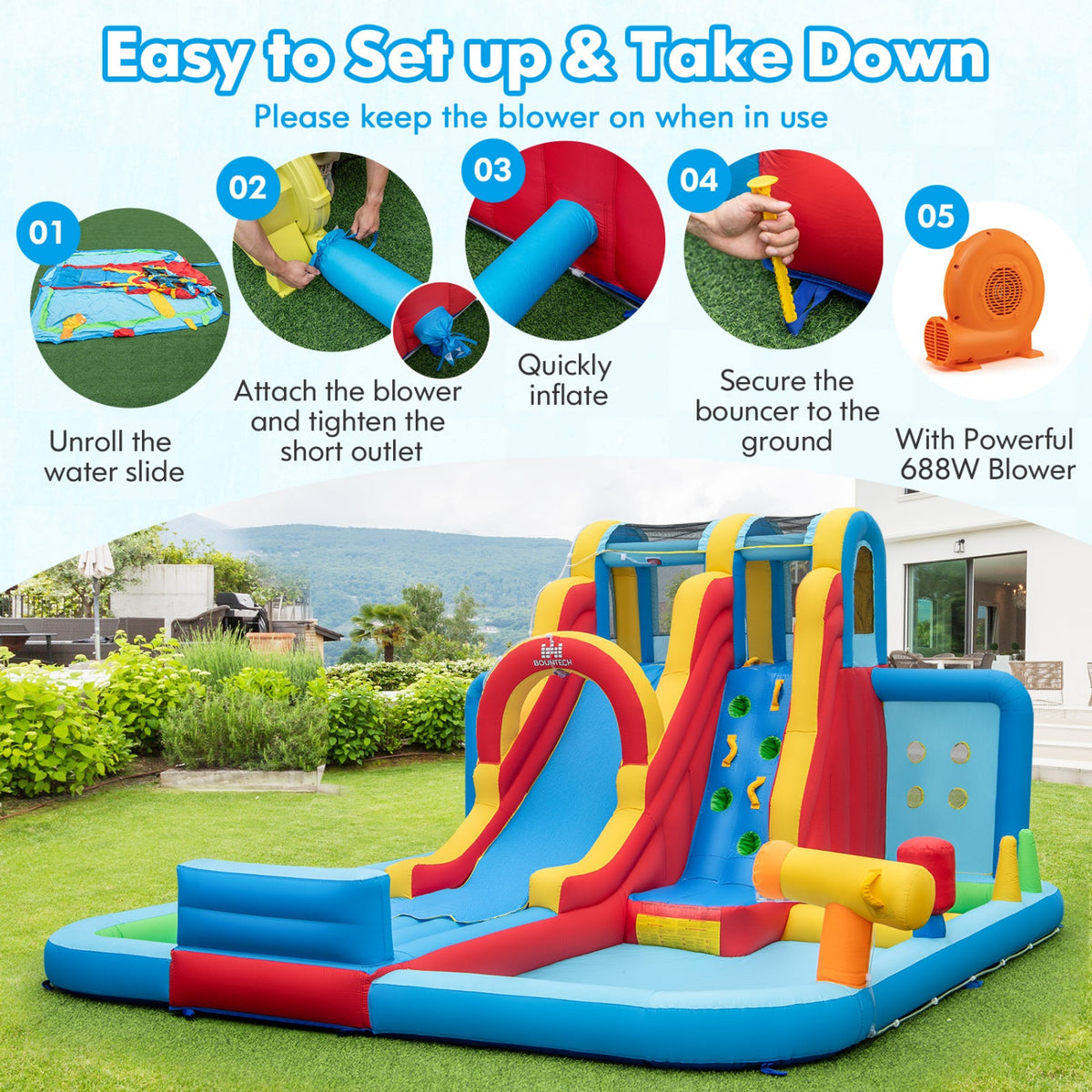 Ultimate Backyard Summer Oasis Set: 6-Pc Patio Rattan Furniture  Inflatable Water Slide Park with 680W Blower