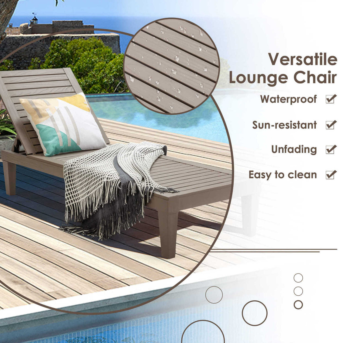 Set of 2 Outdoor Chaise Lounge Chair with 5 Positions Adjustable Backrest