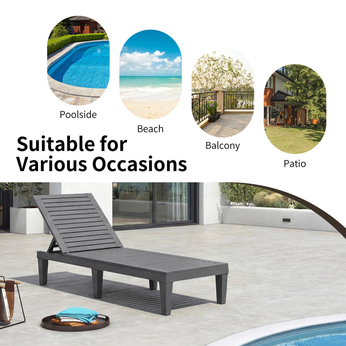 Set of 2 Outdoor Chaise Lounge Chair with 5 Positions Adjustable Backrest