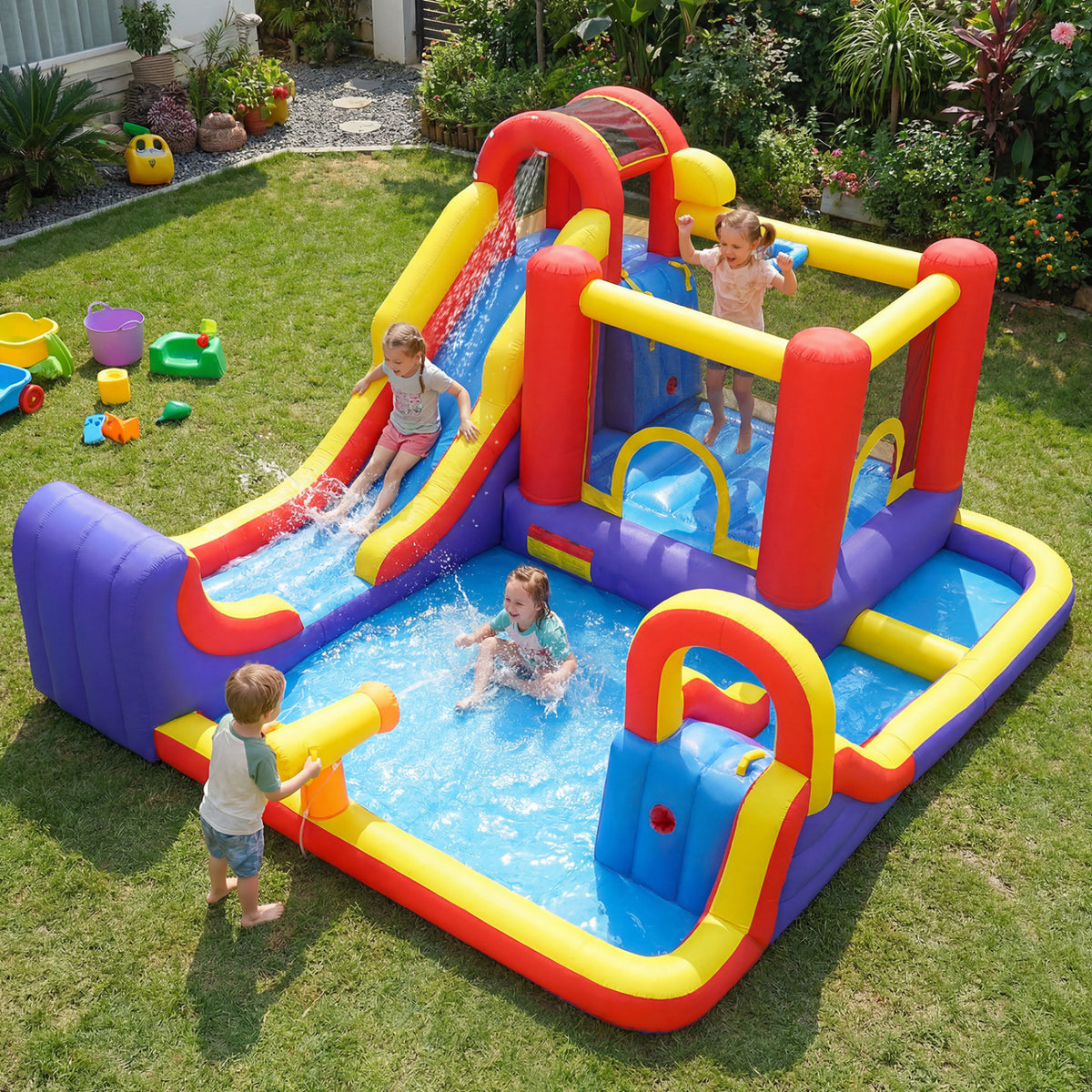 7-in-1 Outdoor Bounce House with Dual Slides (without Blower)