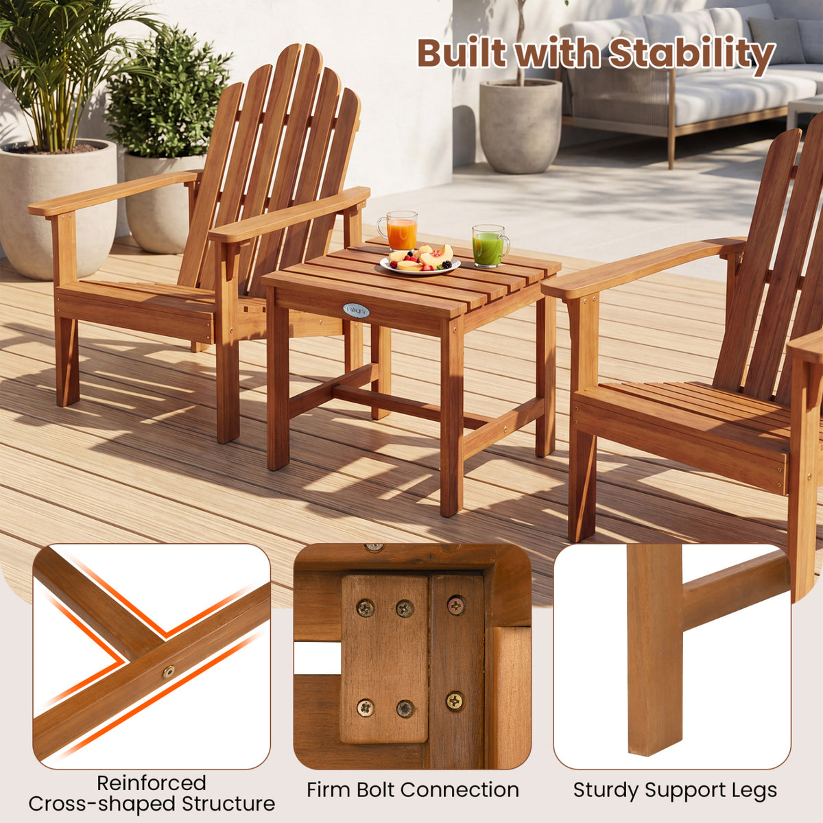 Adirondack Chair Set of 2 with Side Table for Deck Garden and Porch
