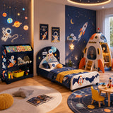 Space Astronaut Theme Kids Upholstered Platform Bed with Toy Storage Organizer