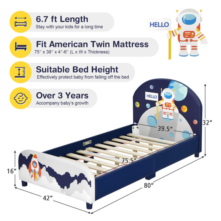 Space Astronaut Theme Kids Upholstered Platform Bed with Toy Storage Organizer