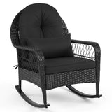 Outdoor Wicker Rocking Chair with Anti-Tip Stoppers and Thick Cushions for Porch-Black