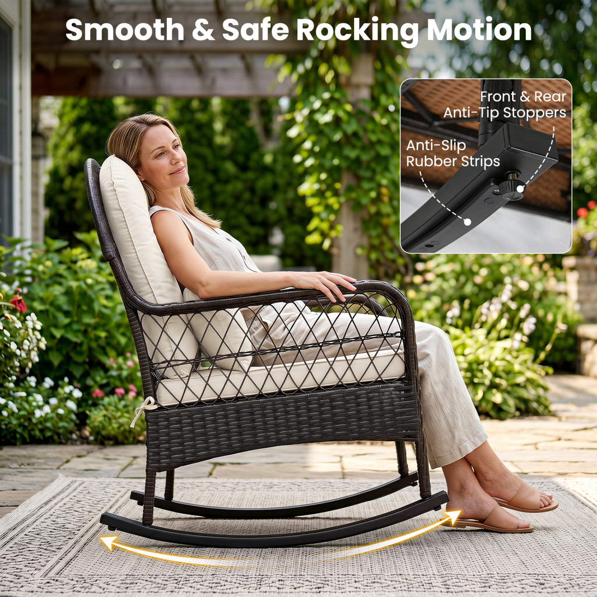Outdoor Wicker Rocking Chair with Anti-Tip Stoppers 400 LBS for Porch Deck