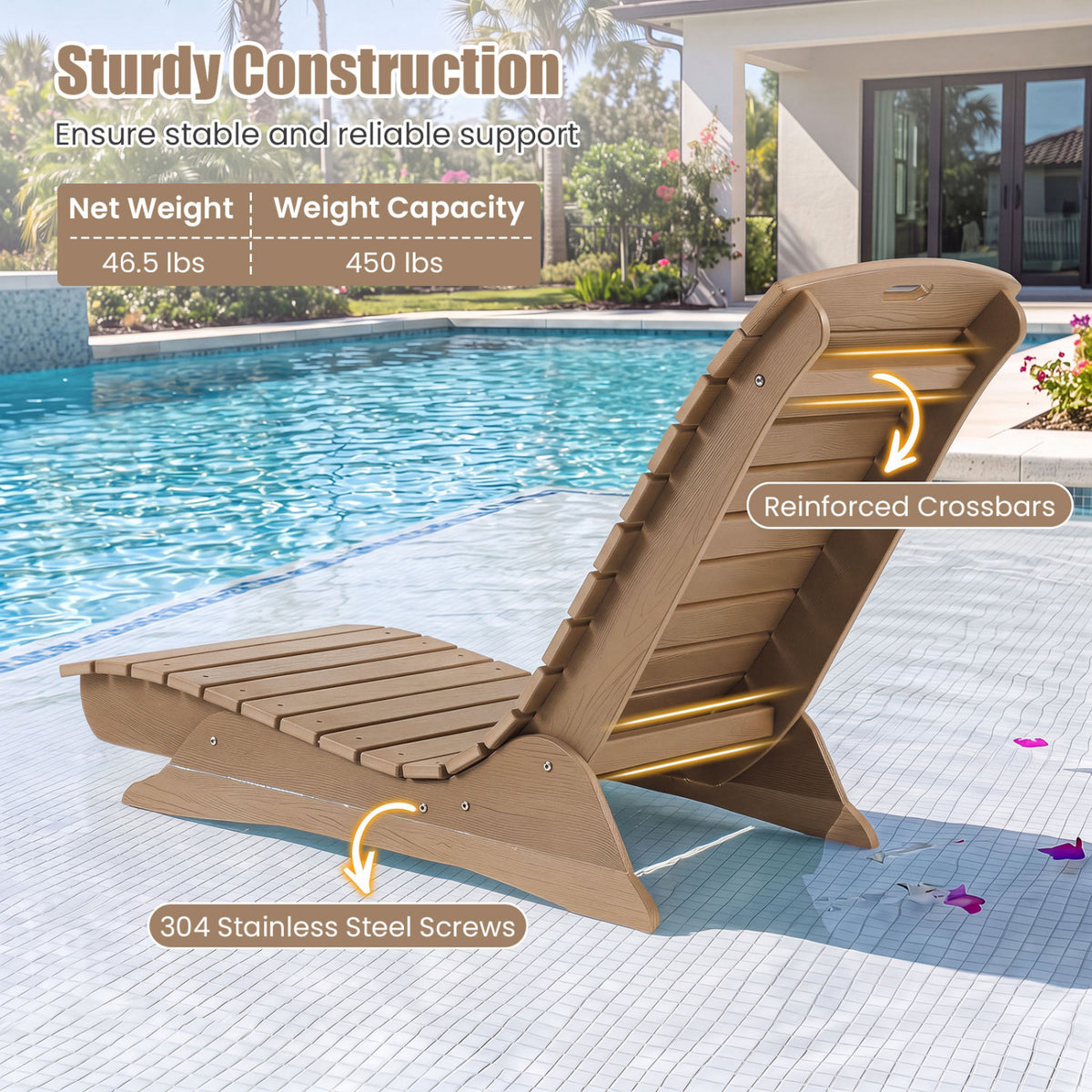 Fade-Resistant Outdoor Lounger with Contoured Shape for Deck Poolside