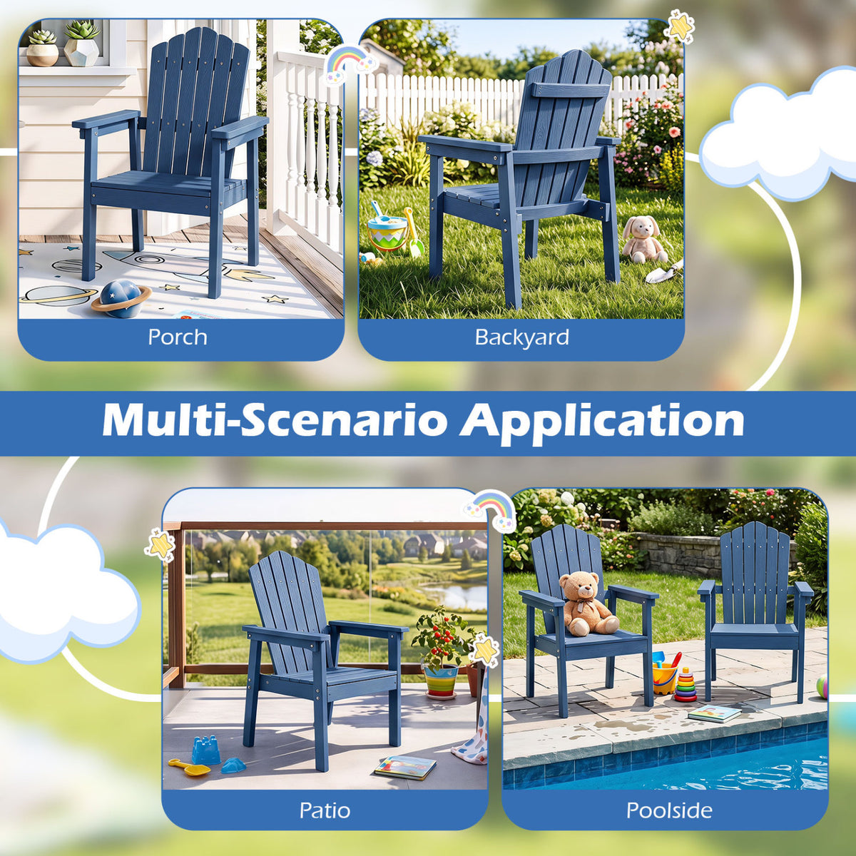 Outdoor Adirondack Chair with High Backrest and Wide Armrests for Deck Poolside