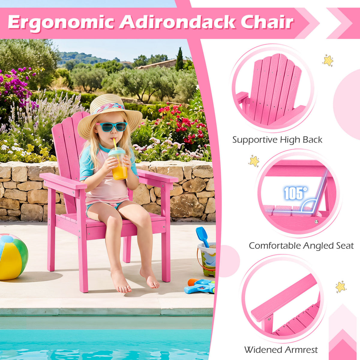 Outdoor Adirondack Chair with High Backrest and Wide Armrests for Deck Poolside