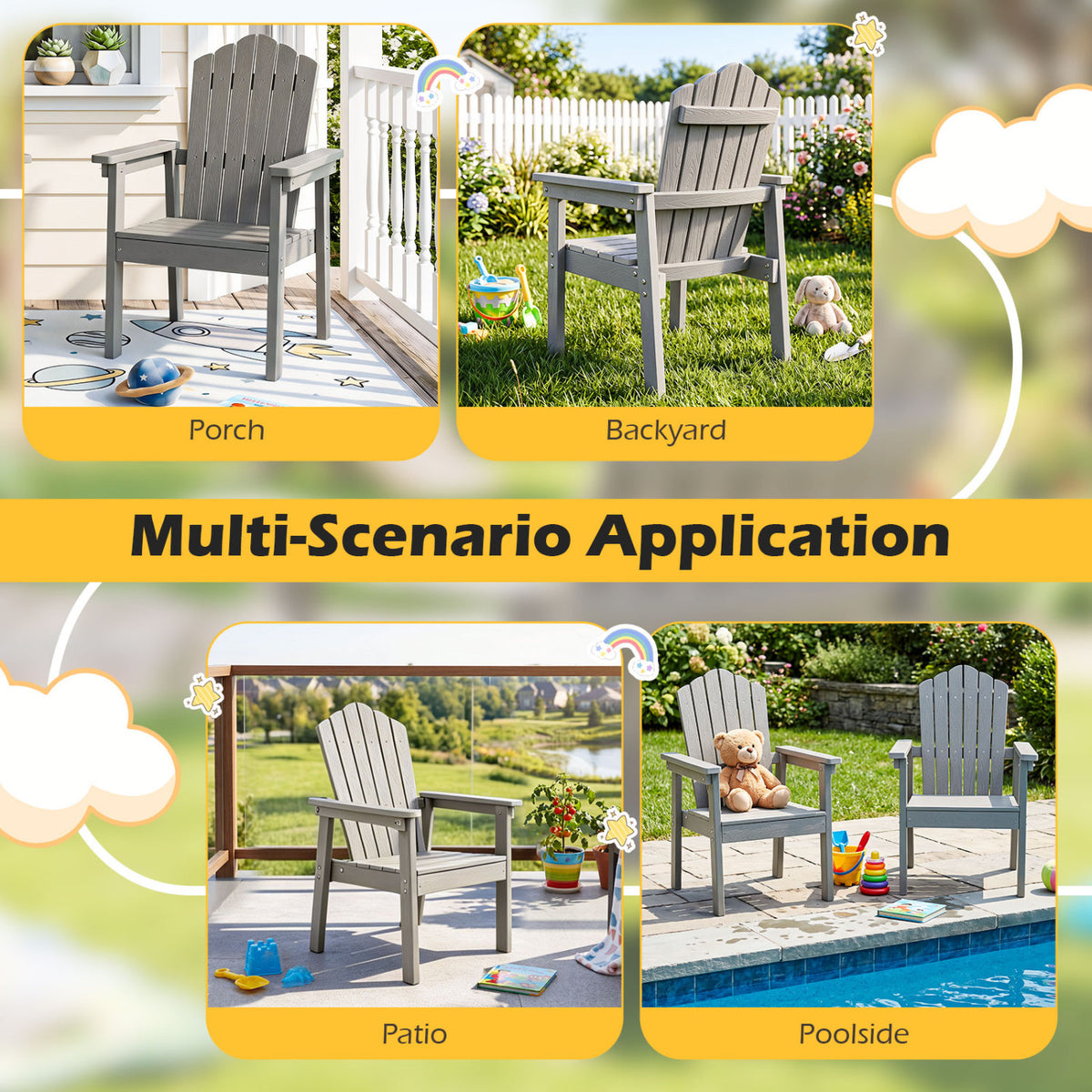 Outdoor Adirondack Chair with High Backrest and Wide Armrests for Deck Poolside