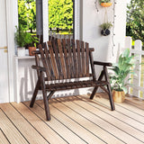 2-Person Log Wood Patio Bench with Slatted Backrest for Deck Backyard