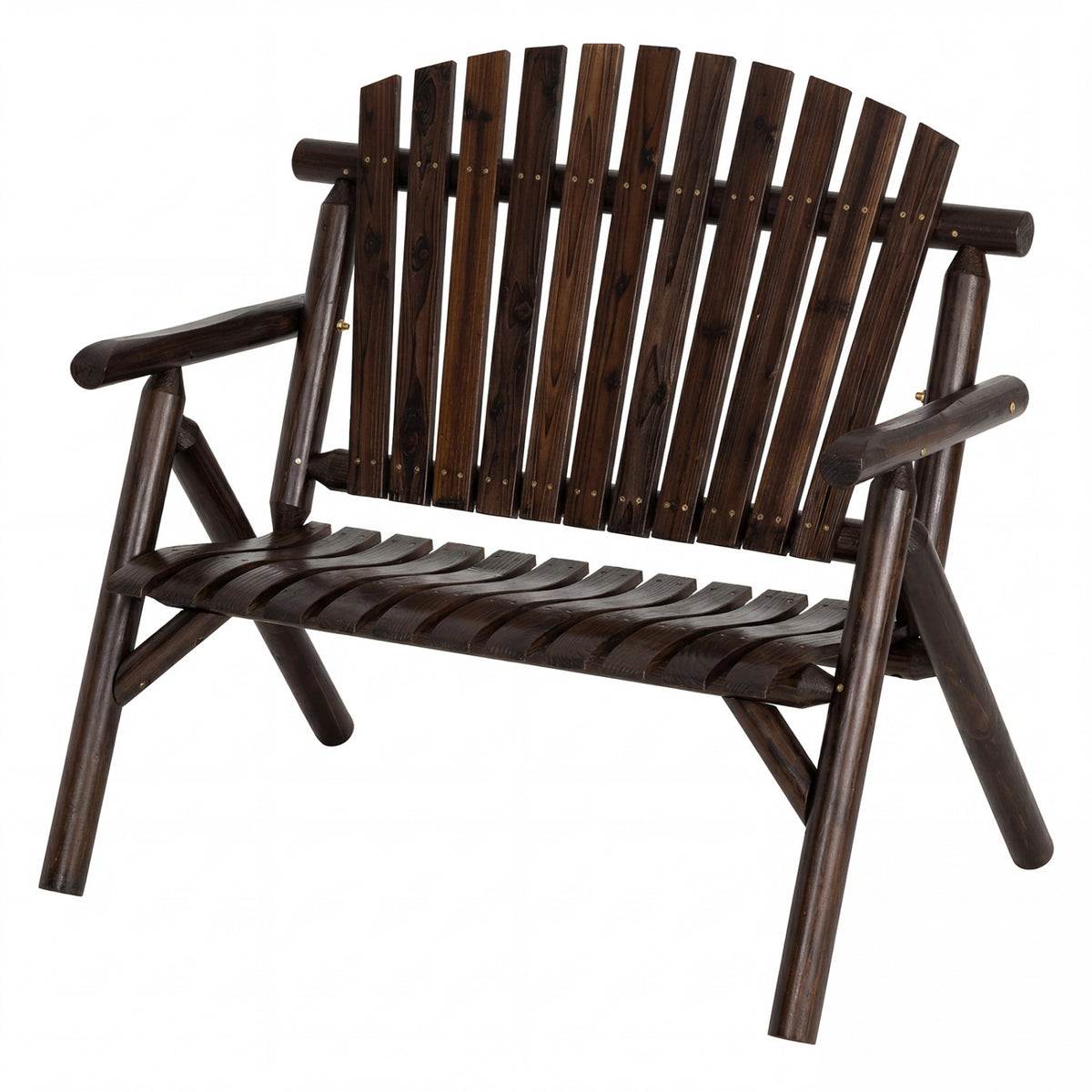 2-Person Log Wood Patio Bench with Slatted Backrest for Deck Backyard