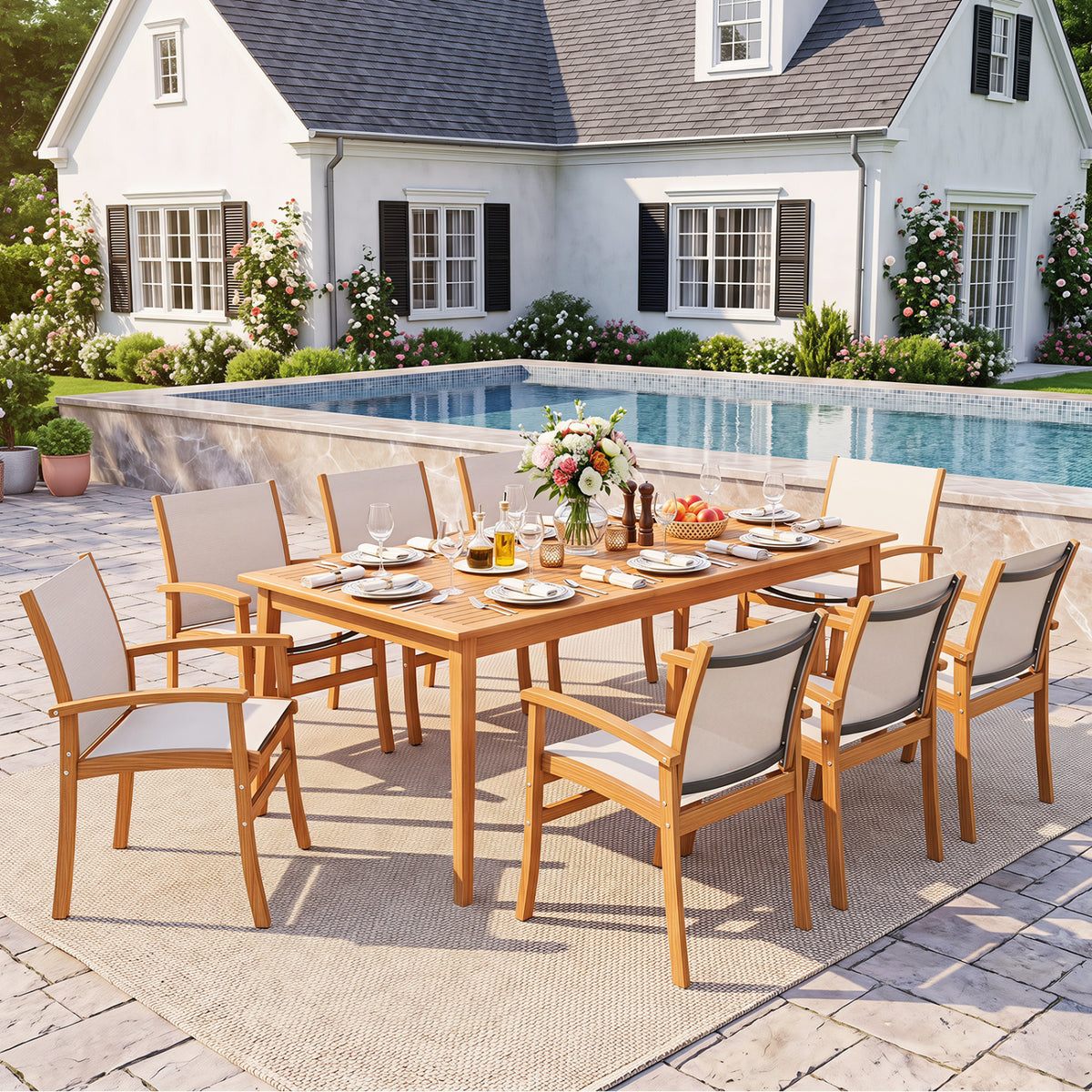 9-Piece Acacia Wood Outdoor Patio Dining Set with 80â Rectangular Table and Breathable Fabric Armchairs-Yellow
