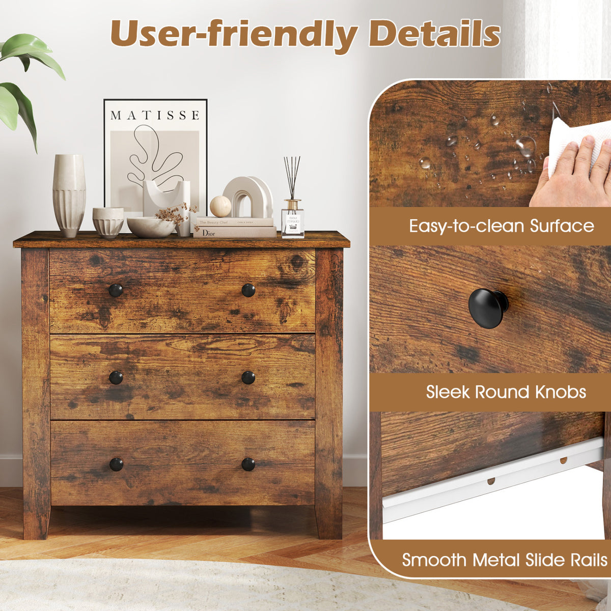 2-Pack 3 Drawer Dresser Chest of Drawers Bedside Table