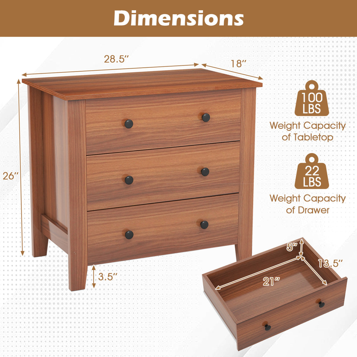 2-Pack 3 Drawer Dresser Chest of Drawers Bedside Table