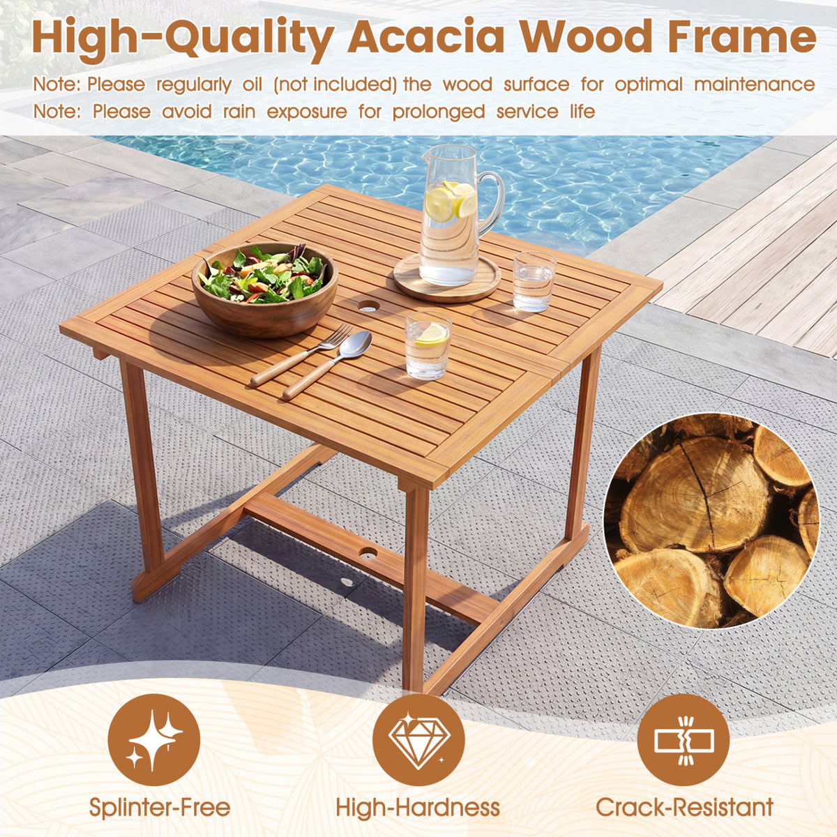 5-Piece Outdoor Square Patio Dining Set for 4 with Acacia Table & Armchairs