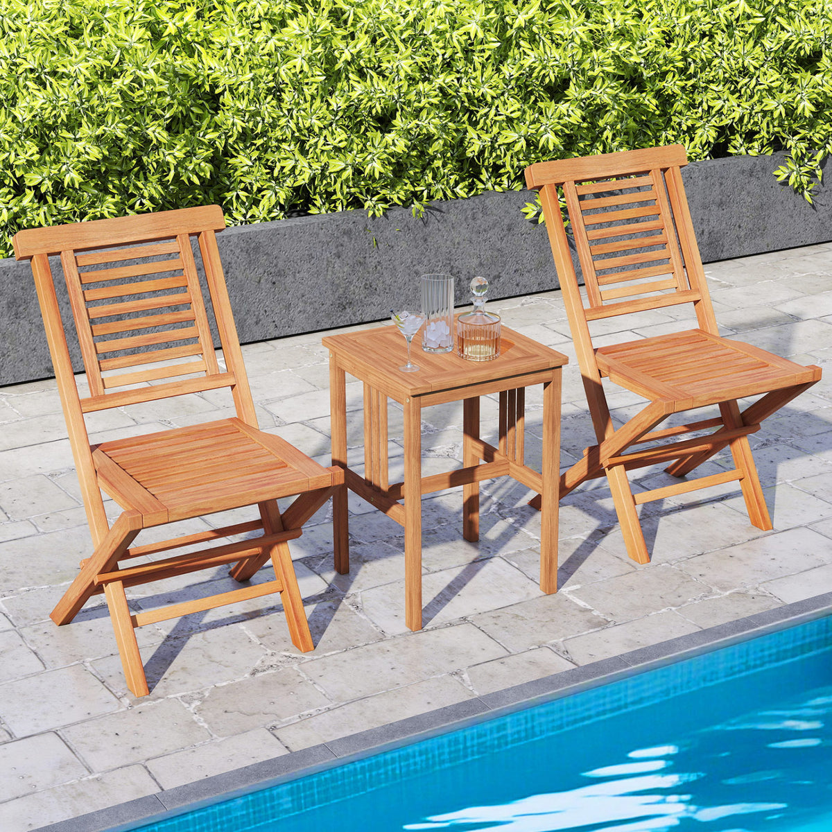 Teak Wood Folding Patio Chairs Set of 2 with X-Support & High Backrest for Backyard