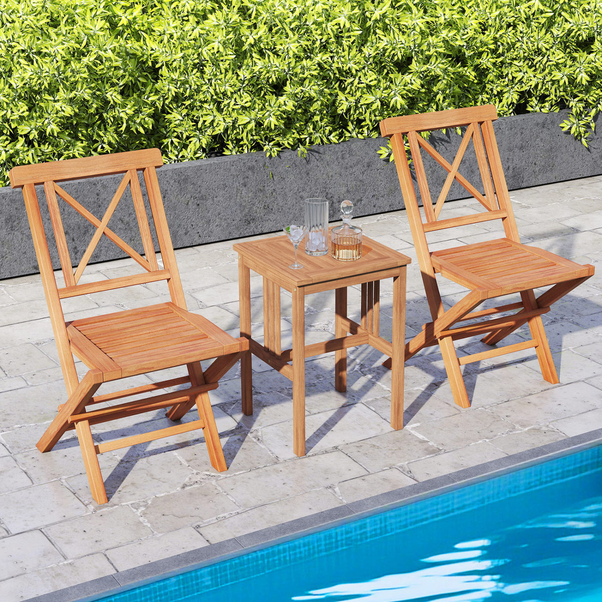 Teak Wood Folding Patio Chairs Set of 2 with Sturdy Frame & Comfort Back for Garden