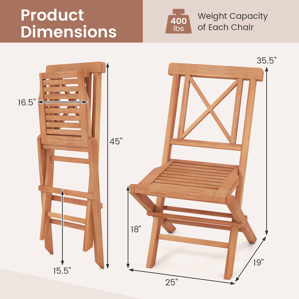 Teak Wood Folding Patio Chairs Set of 2 with Sturdy Frame & Comfort Back for Garden