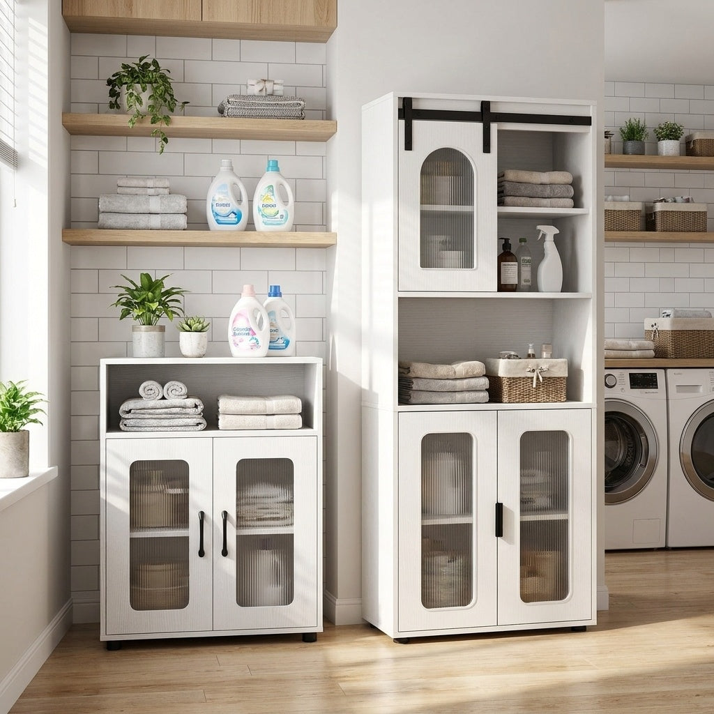 Bathroom Cabinet Set with 59 Inch Tall Cabinet and 2-Door Floor Cabinet